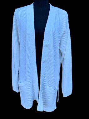 VTG Yarnworks Ribbed Cardigan Sweater Large White Pockets Coastal Grandmother
